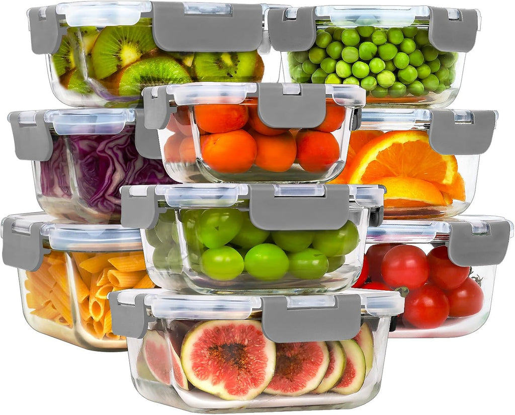 18 Piece Glass Food Storage Containers with Snap Locking Lids for Meal Prep