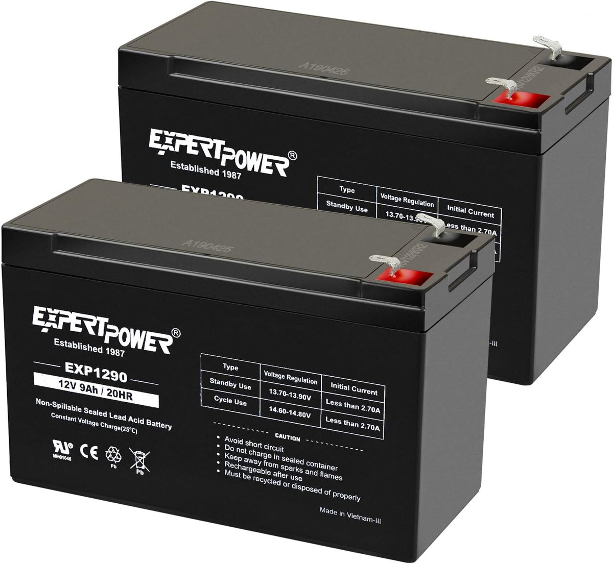 ExpertPower EXP1290, 2 Pack 12V 9AH SLA AGM Rechargeable 12V Battery Backup