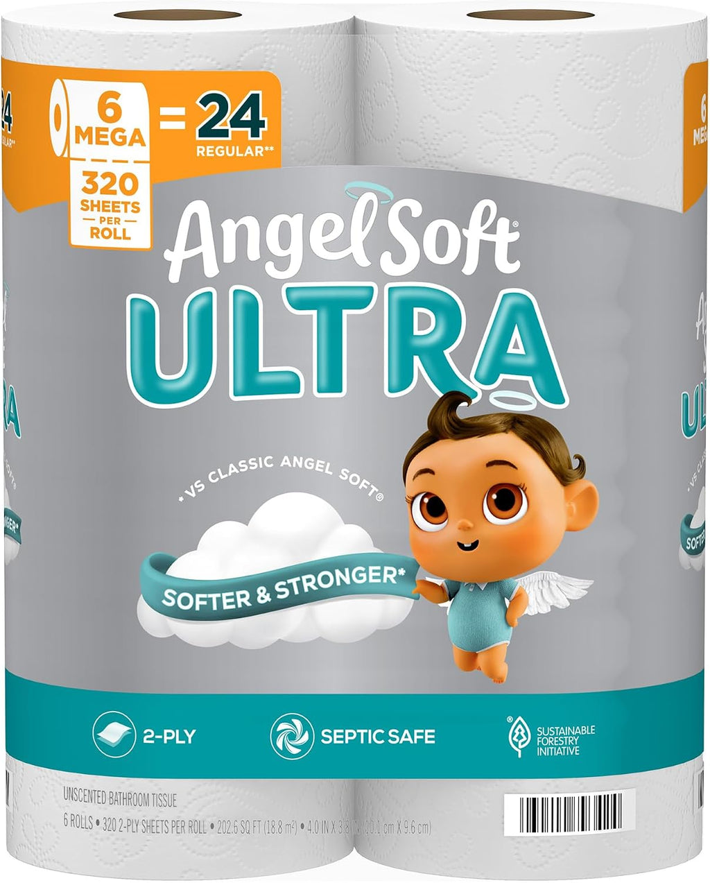 Angel Soft Ultra Toilet Paper, 6 Mega Rolls = 24 Regular Rolls, 2 Ply Toilet Tissue