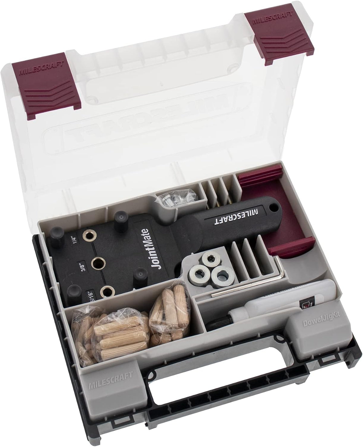 Milescraft 1333 DowelJig Kit - Self-Centering Handheld Dowel Jig with 3 Metal Bushing Sizes (1/4in, 5/16in, 3/8in) - Complete with all Accessories