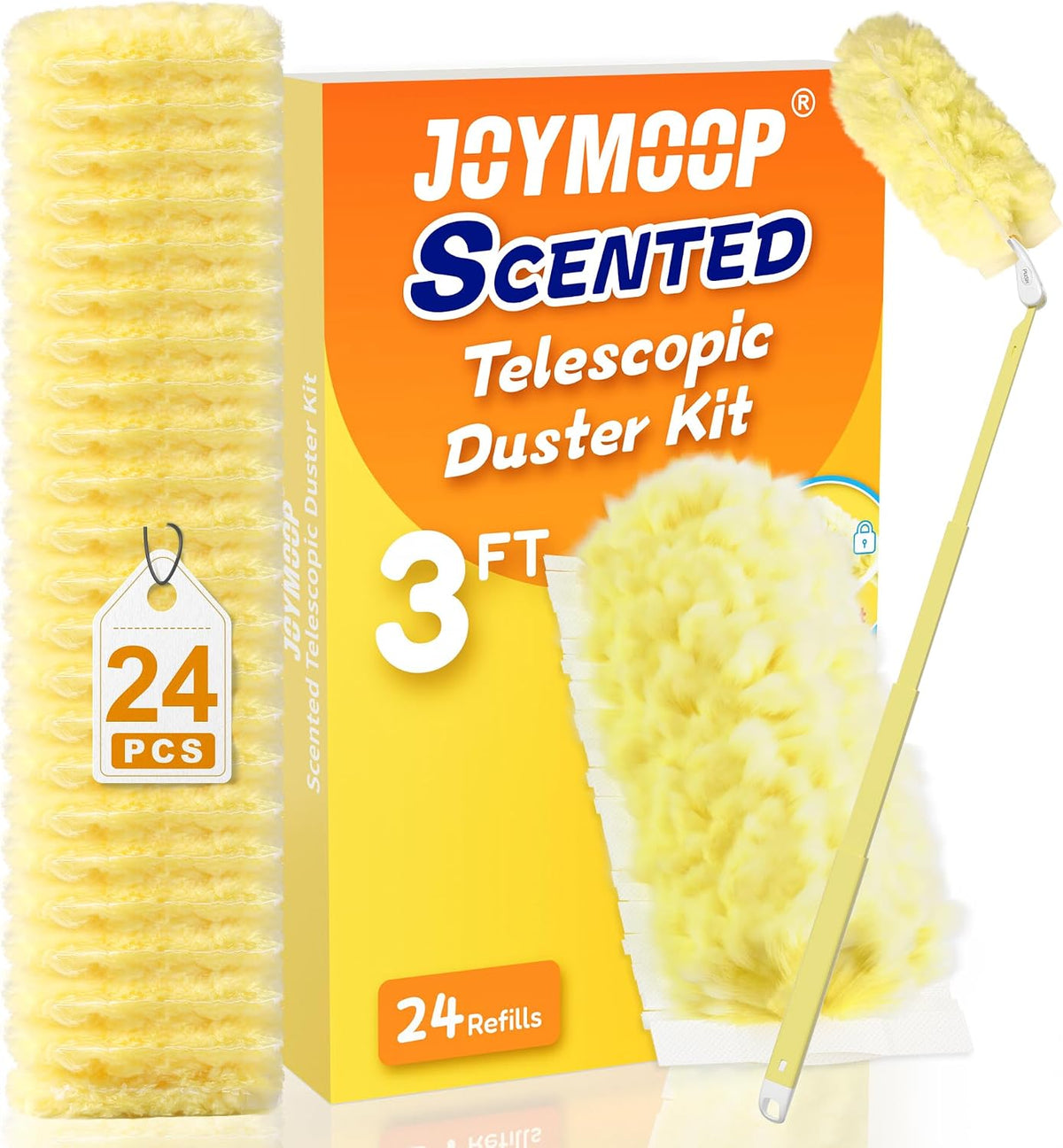 JOYMOOP Disposable Electrostatic Duster for Cleaning, with 2 Handles & 24 Ct Yellow Heavy Duty Refills for Swiffer Feather Duster, Household Cleaning Tool for Electronics, Dusting Furniture, Blinds