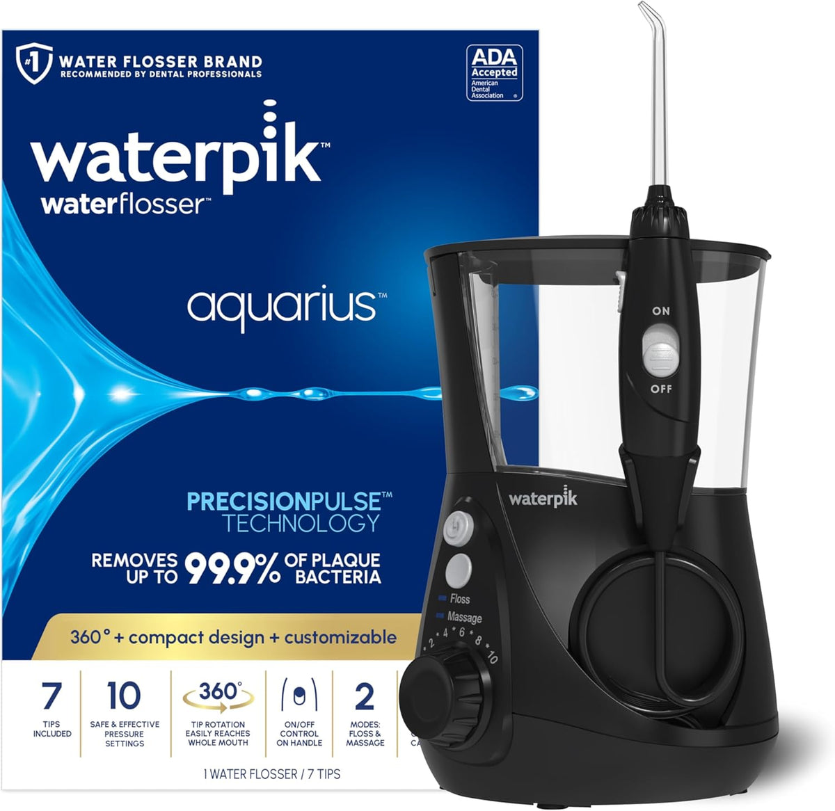 Waterpik Aquarius Countertop Water Flosser with 10 Settings, 7 Tips, White