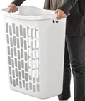 Large Plastic Laundry Hamper, White, Slim Rectangular, Ventilated, 63 Liter, Reinforced Handles, Clothes Basket for Bathroom, Dorm, and Closet