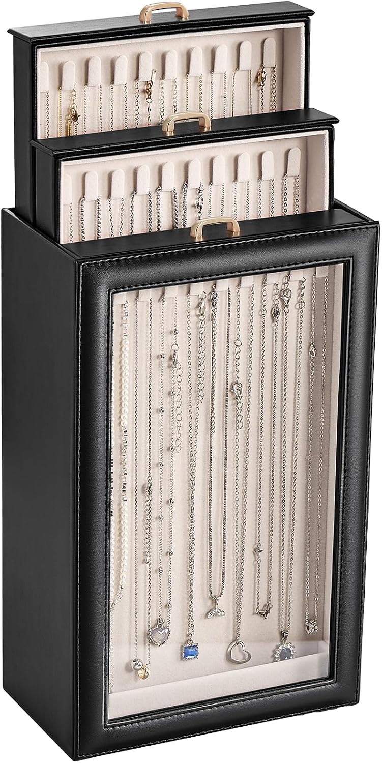 Lolalet Necklace Organizer Box, Jewelry Display Case, White, 2 Layers