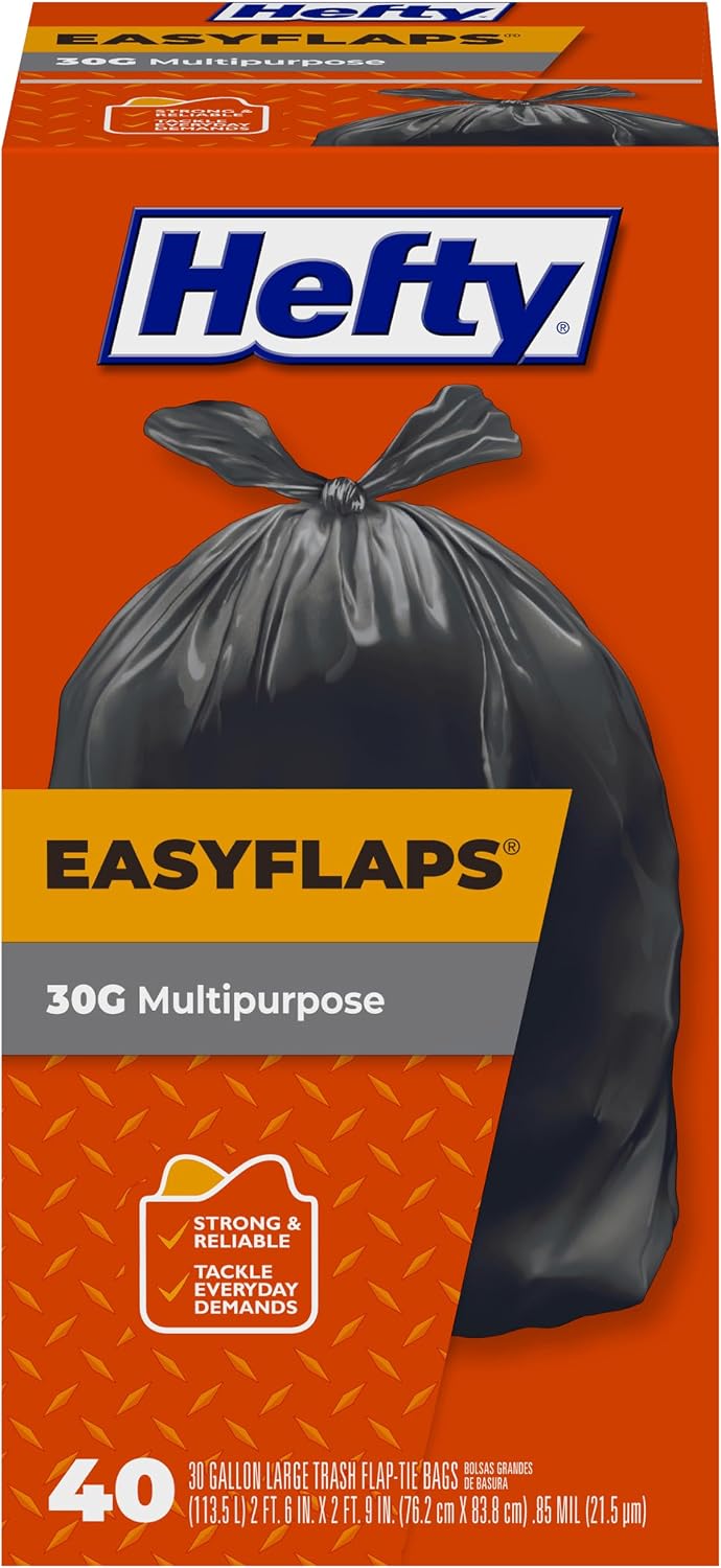 Hefty Easyflaps Multipurpose 30 Gallon Large Trash Bags, Black, 40ct