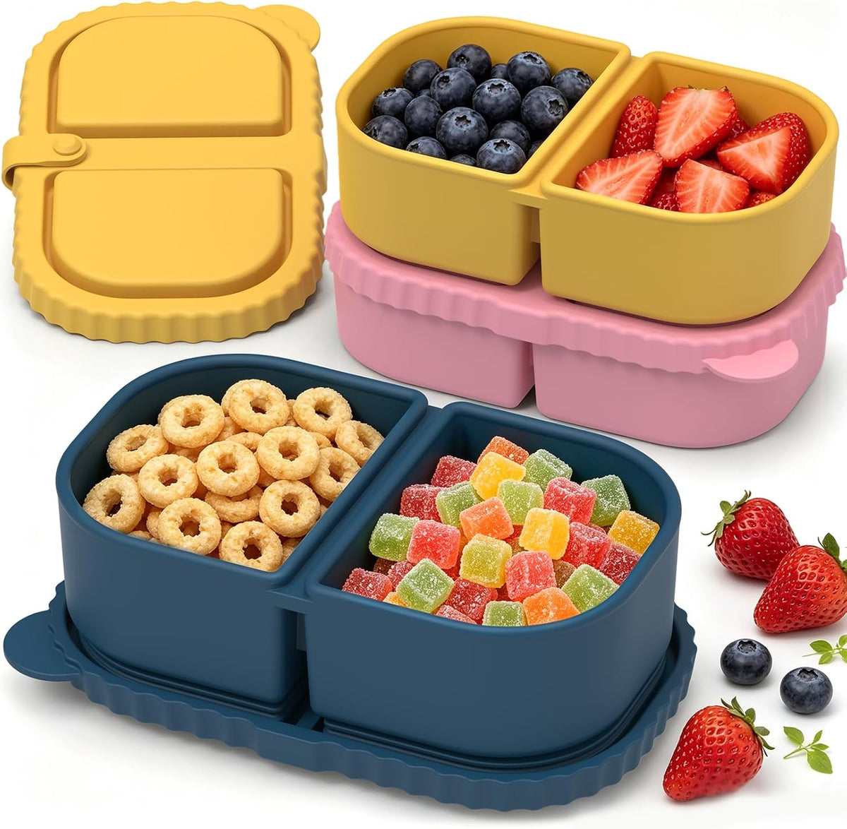 ICEROYCE 3 Pack Silicone Snack Containers for Kids, 2 Compartment Lunch Box