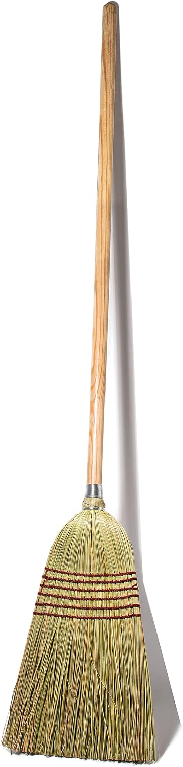 Corn Broom with Wood Handle Heavy Duty Indoor Outdoor Broom (1 1/4 Inch Handle)