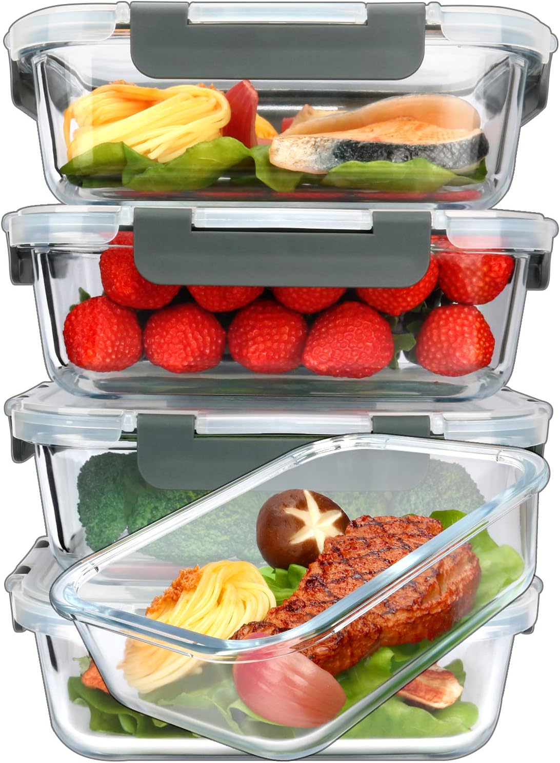 M MCIRCO 5 Pack 36 oz Glass Food Storage Containers with Lids,4.5 Cups,Gray