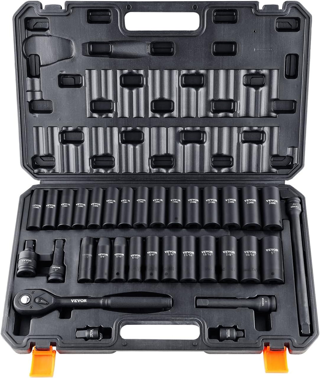 VEVOR 1/2" Drive Impact Socket Set 65 Piece, 3/8" to 1-1/4" and 10-24mm