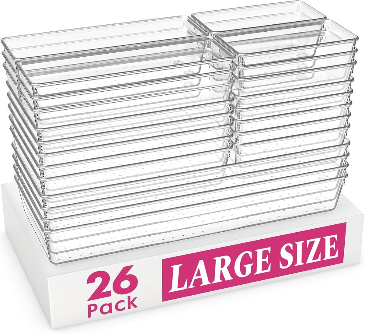 Criusia Large Drawer Organizer Bins 26 Pack | Complete 5 Size Clear Plastic Kitchen Drawer Organizers for Utensils | Bathroom Drawer Organizer Trays | Versatile for Makeup Office Organization