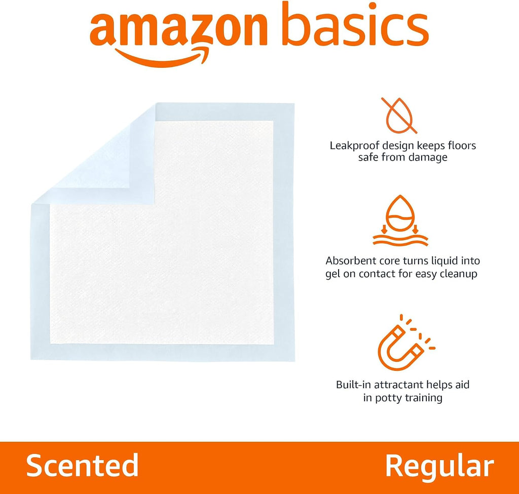 Amazon Basics Scented Dog and Puppy Potty Training Pee Pads, 5-Layer Leak-Proof Super Absorbent with Quick-Dry Surface, Regular Size 22 x 22 Inch, Blue & White, 100 Count