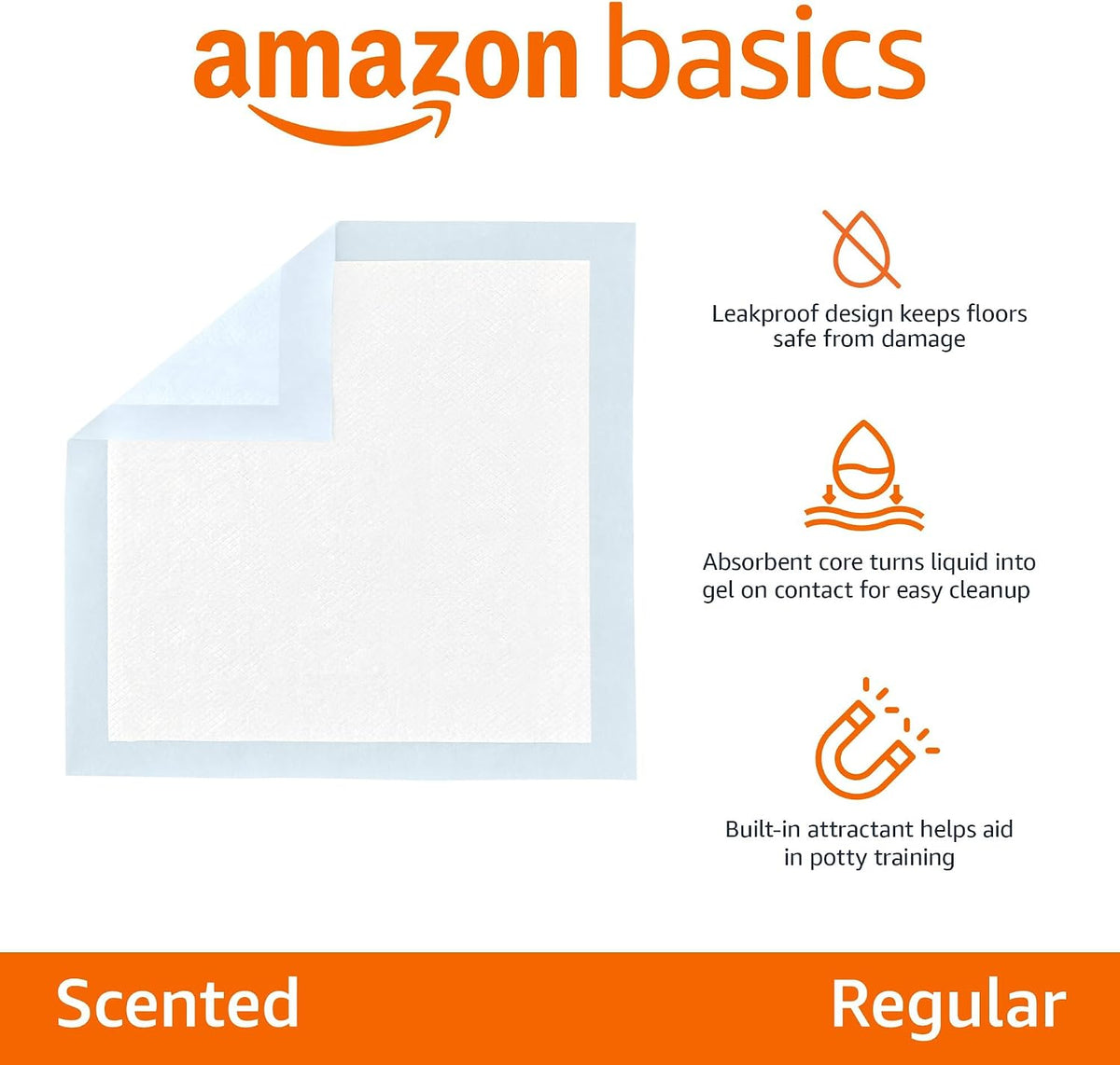 Amazon Basics Scented Dog and Puppy Potty Training Pee Pads, 5-Layer Leak-Proof Super Absorbent with Quick-Dry Surface, Regular Size 22 x 22 Inch, Blue & White, 100 Count