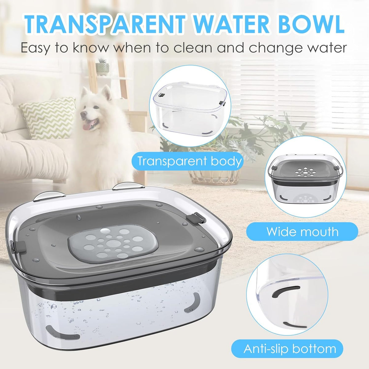 AONKEY 3L No Spill Dog Water Bowl with Slow Drinking Disk(Gray)