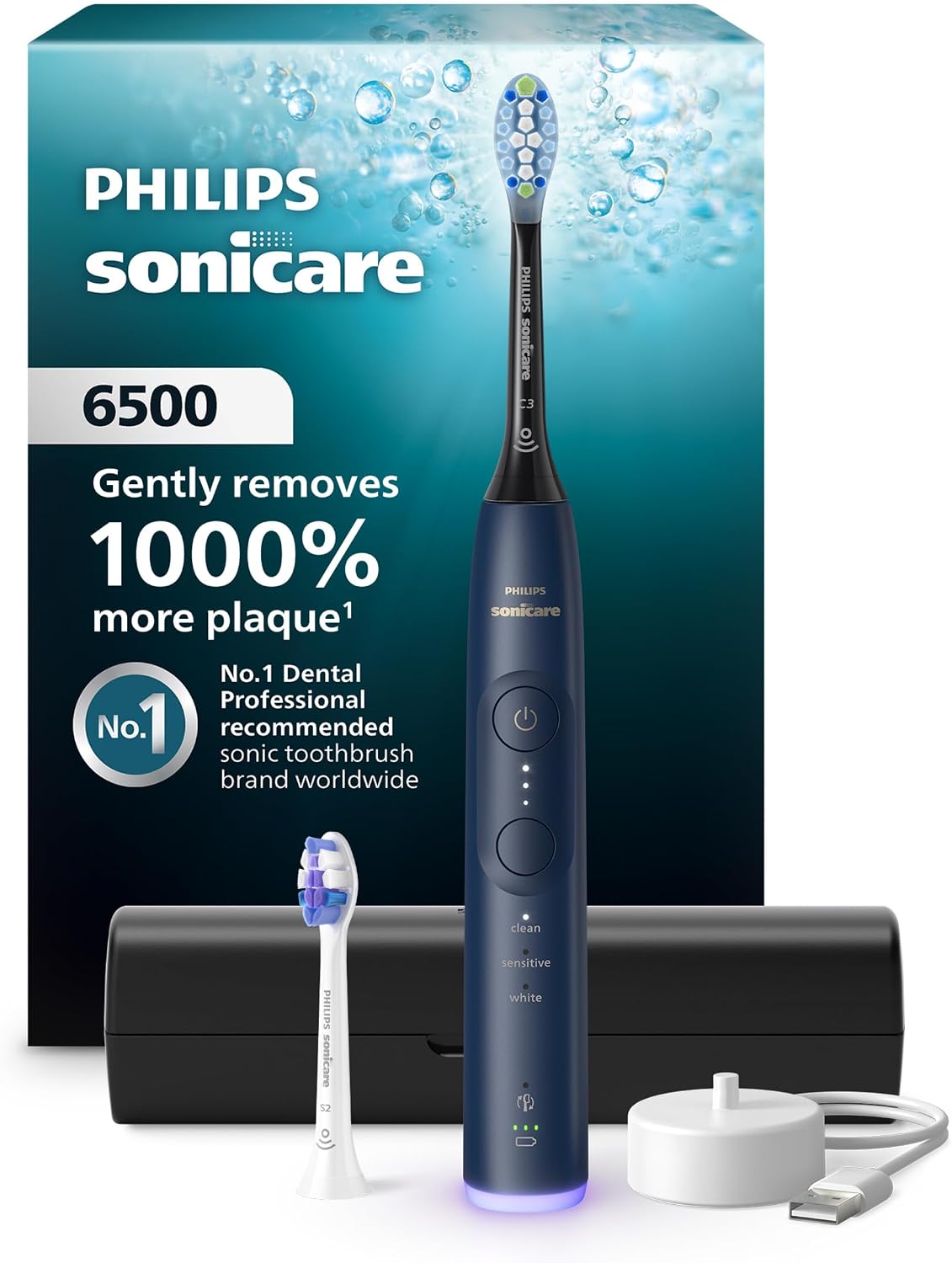 Philips Sonicare 6500 Rechargeable Electric Toothbrush, 2 Brush Head, White