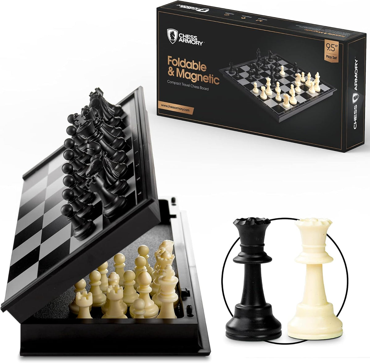 Chess Armory Magnetic 9.5 Inches Travel Chess Set - Folding Board with Storage Box & 2 Extra Queen.