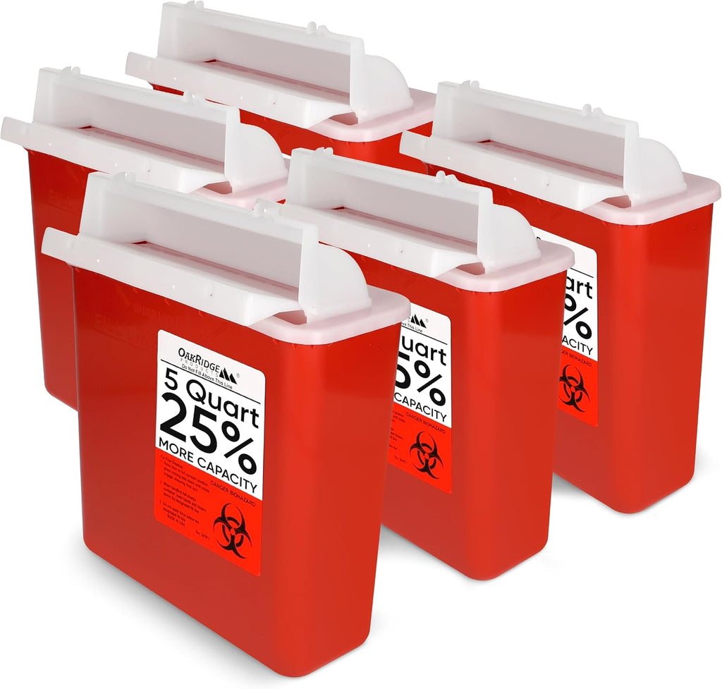 Oakridge Products Sharps Container for Home Use and Professional 5 Quart (2-Pack), Biohazard Needle and Syringe Disposal, Mailbox Style Lid, CDC Certified