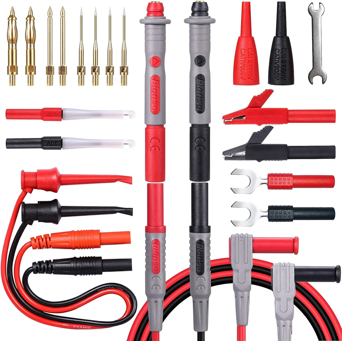 Bionso 25-Piece Multimeter Leads Kit, Professional and Upgraded Test Leads Set with Replaceable Gold-Plated Multimeter Probes, Alligator Clips, Test Hooks and Back Probe Pins.