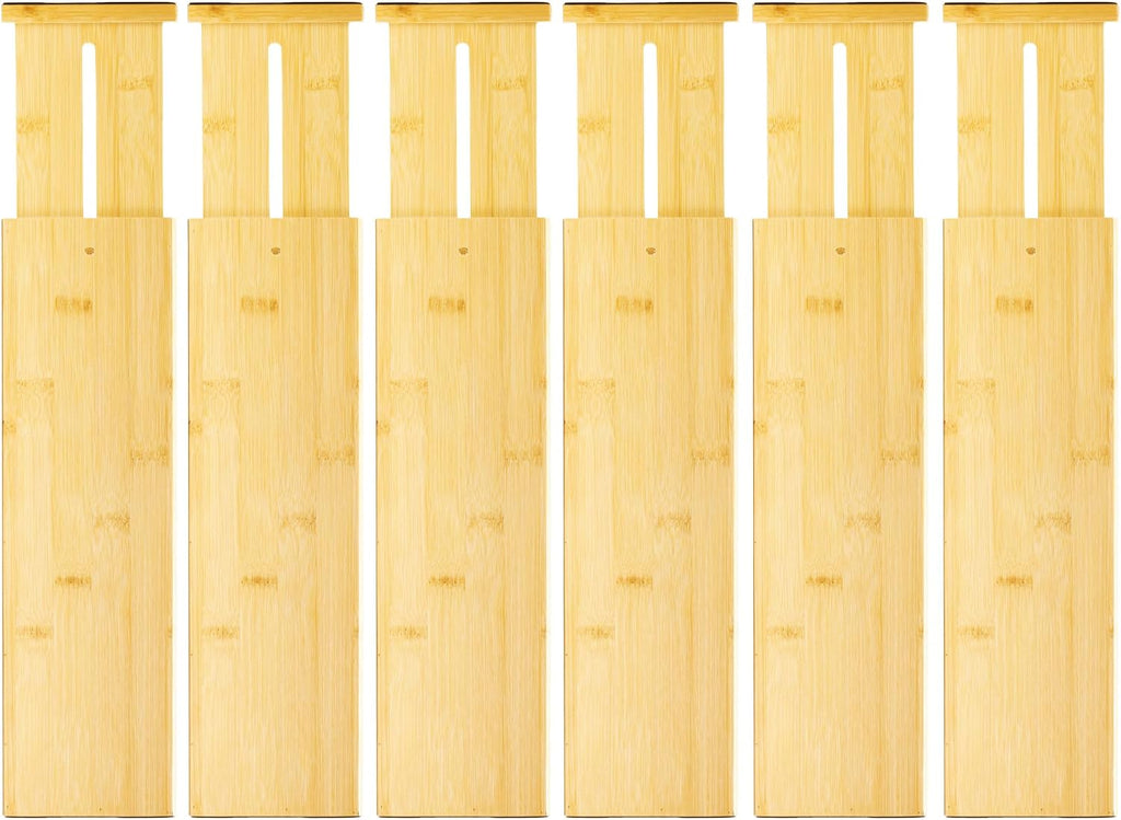 VaeFae 6-Pack Adjustable Bamboo Drawer Dividers, Expandable Drawer Organizer for Kitchen Utensils, Clothes, Bathroom, Office – Fits Drawer Interiors 16.6" to 21.8"