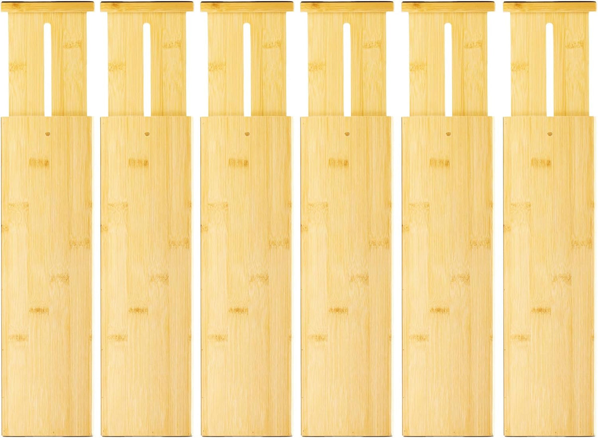 VaeFae 6-Pack Adjustable Bamboo Drawer Dividers, Expandable Drawer Organizer for Kitchen Utensils, Clothes, Bathroom, Office – Fits Drawer Interiors 16.6" to 21.8"