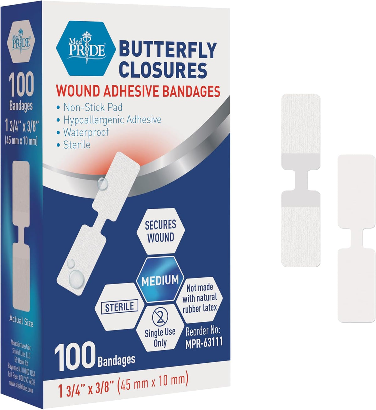MED PRIDE Butterfly Wound Closure Strips,Sterile,Nonstick,Medium,100-Count