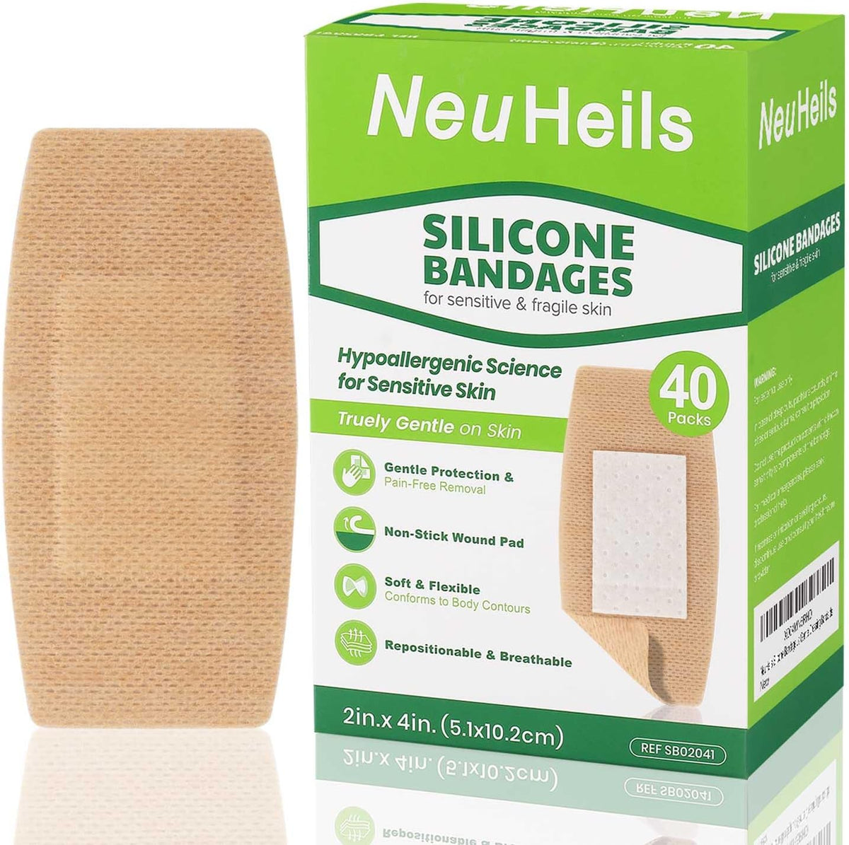 NeuHeils Silicone Bandages for Sensitive Skin, Large 2"x4", 40 Pack