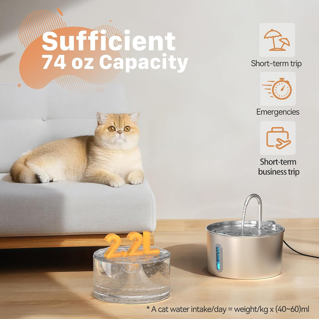 Cat Water Fountain Stainless Steel: 2.2 L Cat Fountain for Drinking - Automatic Pet Water Fountain for Cats Inside - Metal Cat Dog Water Dispenser Bowl with Faucet Water Level Window Ultra Quiet Pump