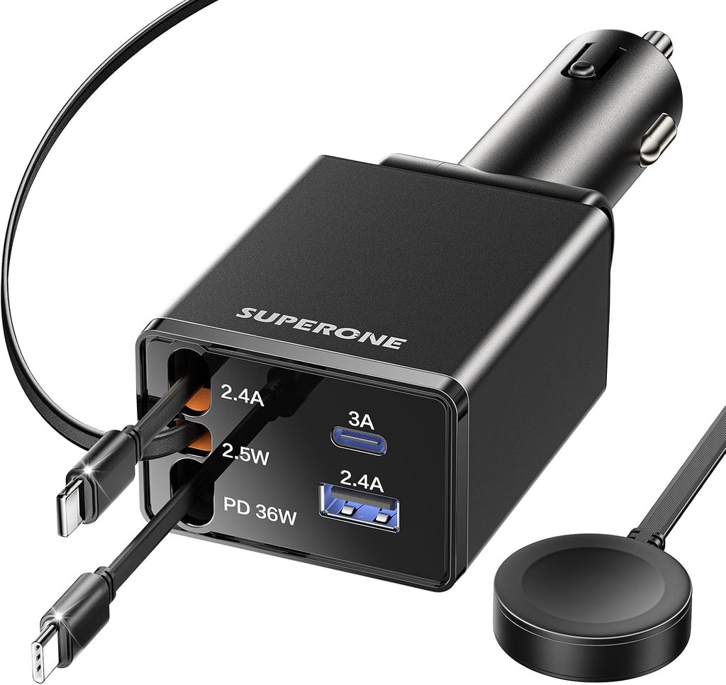 Retractable Car Charger, SUPERONE 99W Car Phone Charger with Dual Cables