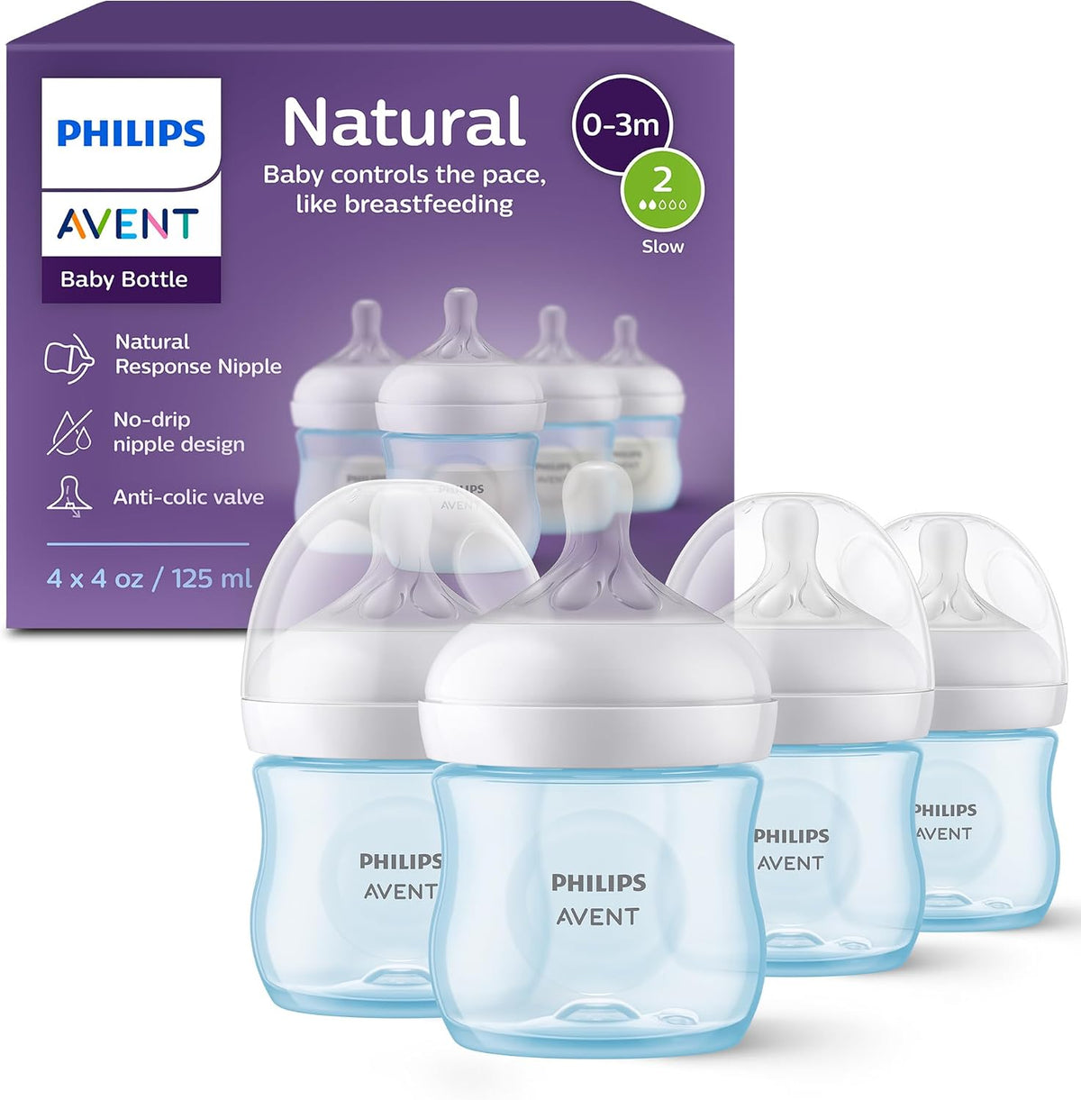 Philips Avent Natural Baby Bottles, Slow Flow, 4 oz, BPA-Free, 4-Pack