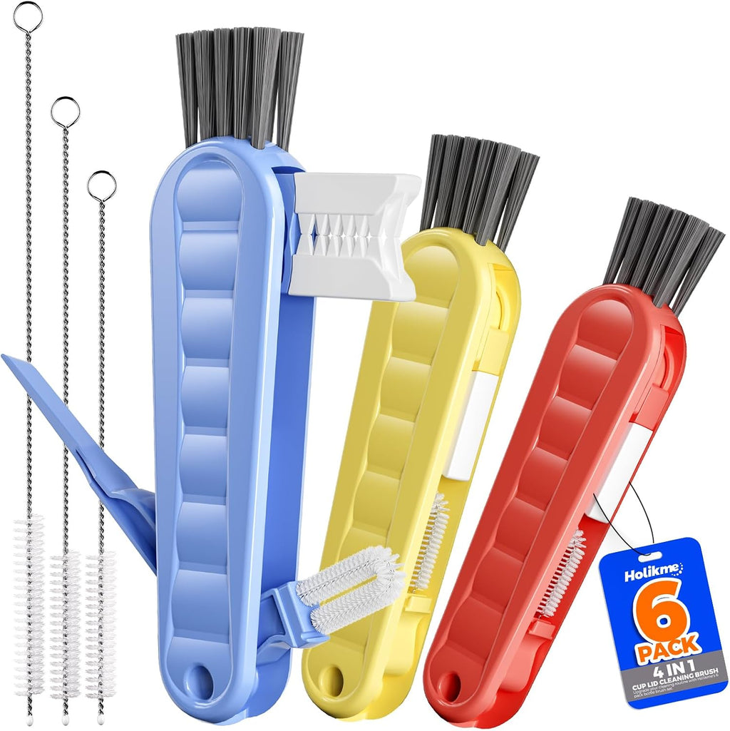 Holikme 6 Pack 4 in 1 Cup Lid Cleaning Brush 3 Straws Bottle Brush,Black