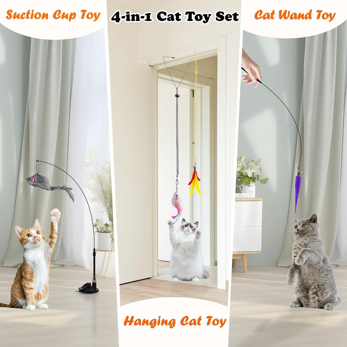 Soarer 4in1 Interactive Cat Wand Toys with Suction Cup for Indoor Cat,12Pcs