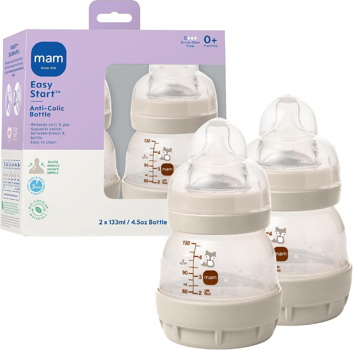 MAM 4.5oz Easy Start Anti-Colic+ Vented Baby Bottle, 0+ Mths, 2 Pk, Unisex