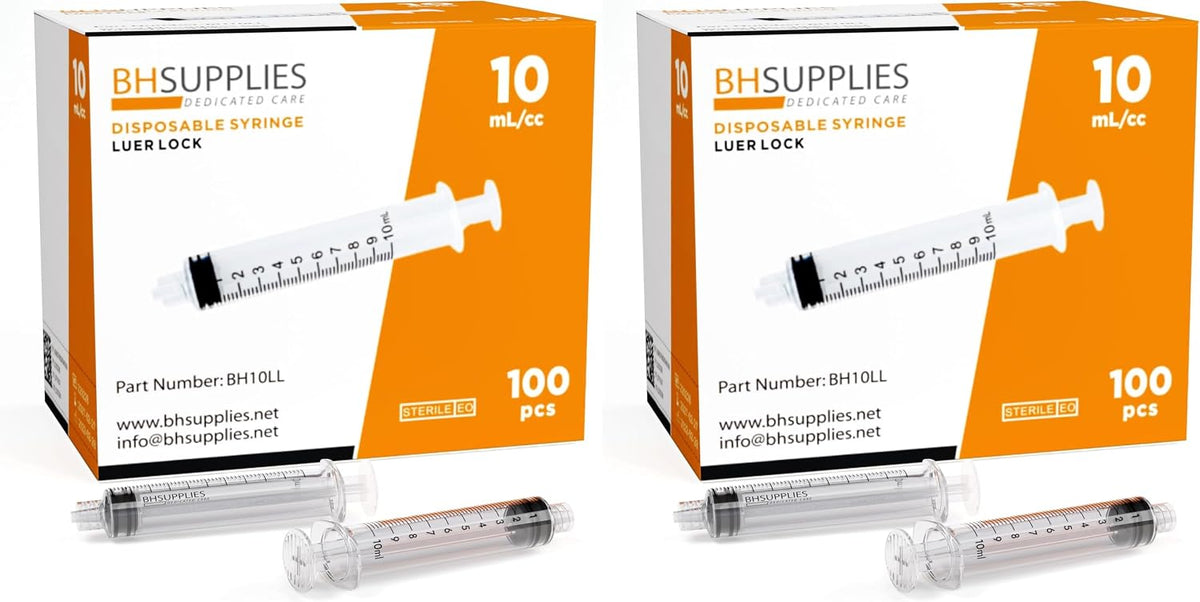 BH Supplies 10ml Luer Lock Tip Syringes (No Needle) - Sterile, Individually Wrapped - 100 Syringes