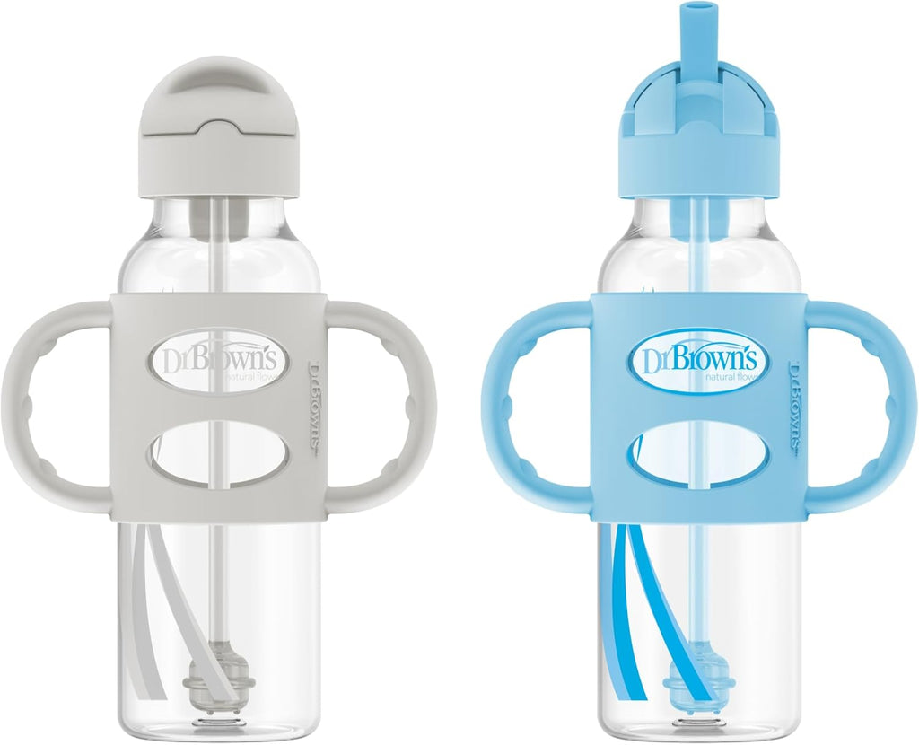 Dr. Brown's Narrow Sippy Straw Bottle with Handles, Gray & Blue, 2-Pack