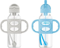 Dr. Brown's Narrow Sippy Straw Bottle with Handles, Gray & Blue, 2-Pack