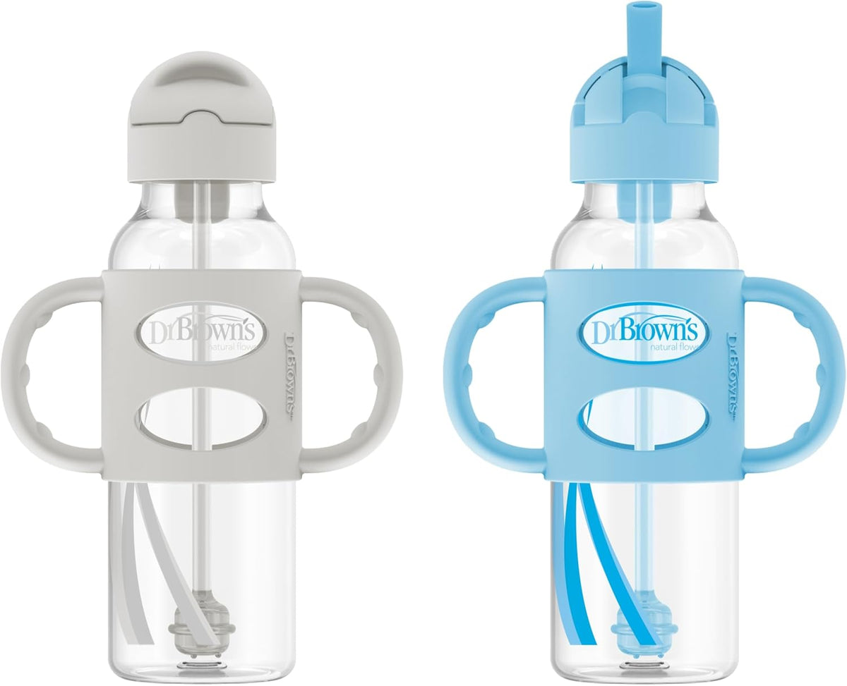 Dr. Brown's Narrow Sippy Straw Bottle with Handles, Gray & Blue, 2-Pack