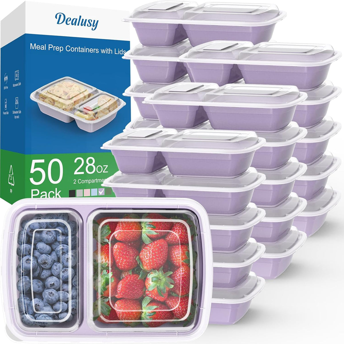 Dealusy 50 Pack 28 oz Meal Prep Containers with Lids 2-Compartment, Black