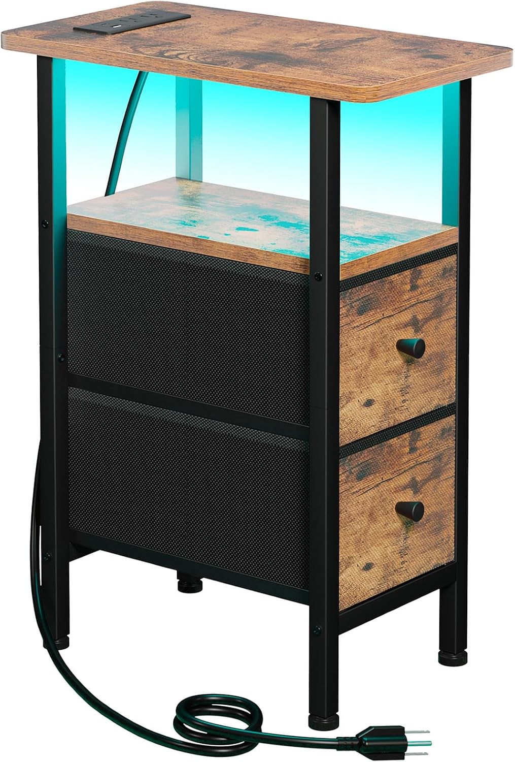 LOAKEKEL Narrow End Table with Charging Station, Small Nightstand