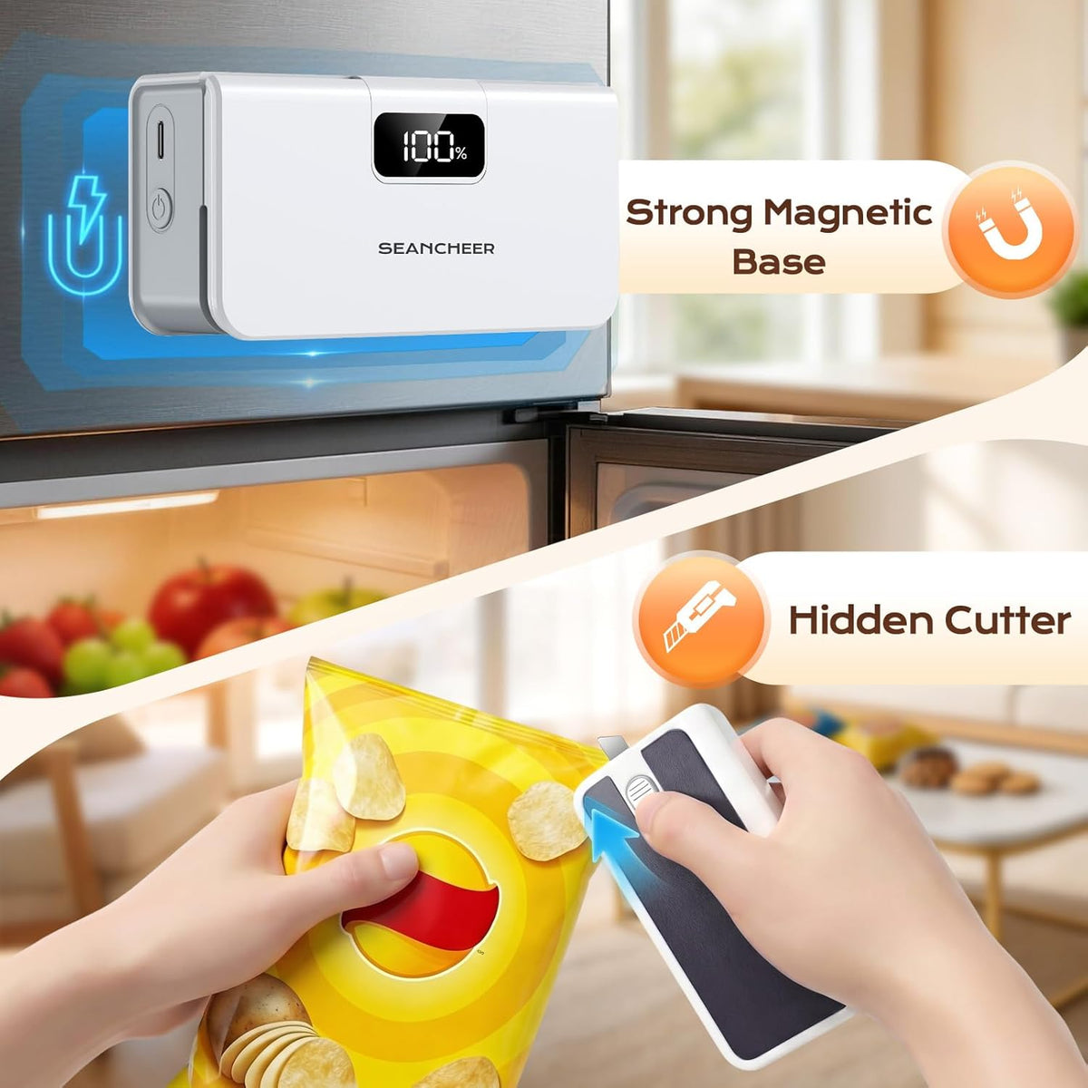 SEANCHEER Rechargeable Mini Bag Sealer, 6 Heat Levels with Magnet & Cutter