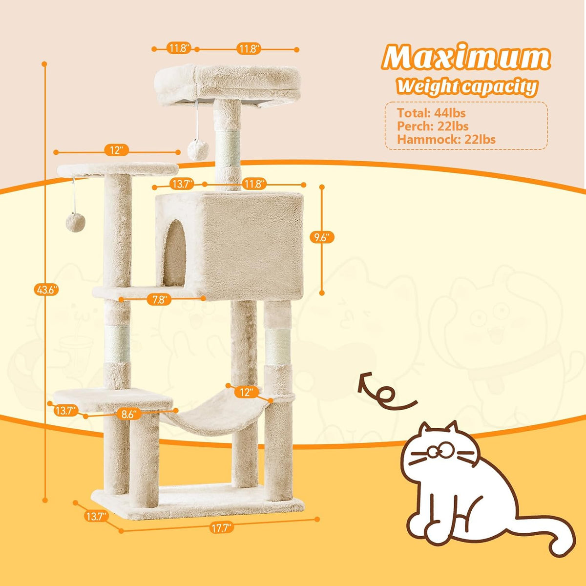 Sweetcrispy 44 Inch Cat Tree Tower for Indoor Cats and Kittens