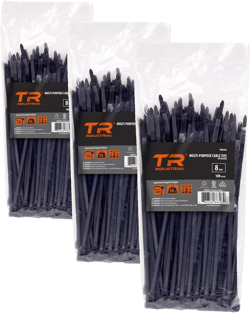 TR Industrial Multi-Purpose UV Resistant Black Cable Ties, 8 inches, 100 Pack