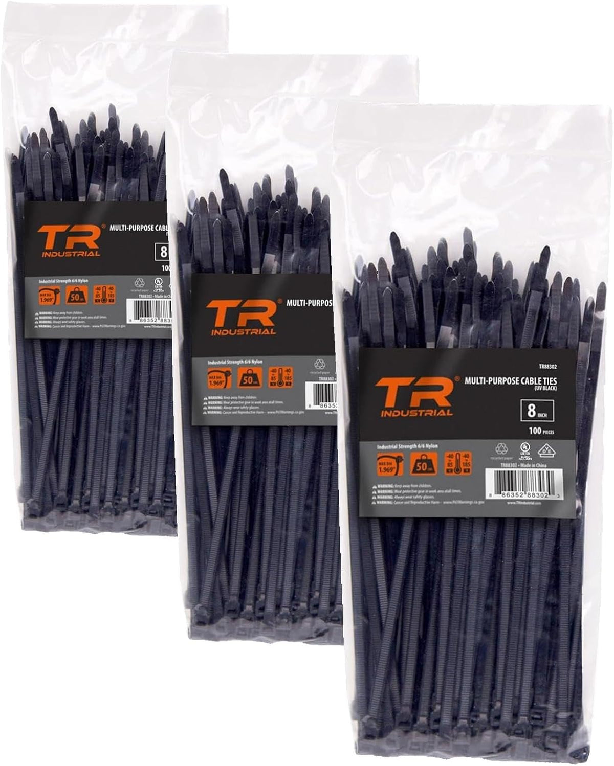 TR Industrial Multi-Purpose UV Resistant Black Cable Ties, 8 inches, 100 Pack
