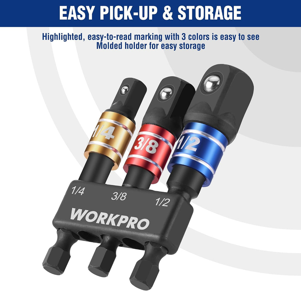 WORKPRO Impact Grade Socket Adapter Set, 1/4", 3/8", & 1/2" Drive, Extension Driver Bit With Holder, for Power Drill to High Torque Impact Wrench, 3PCS