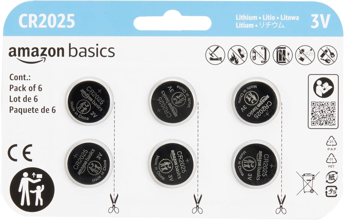 Amazon Basics 6-Pack CR2025 3V Lithium Coin Cell Batteries, Long Lasting Power, Mercury-Free, Child Safety Packaging