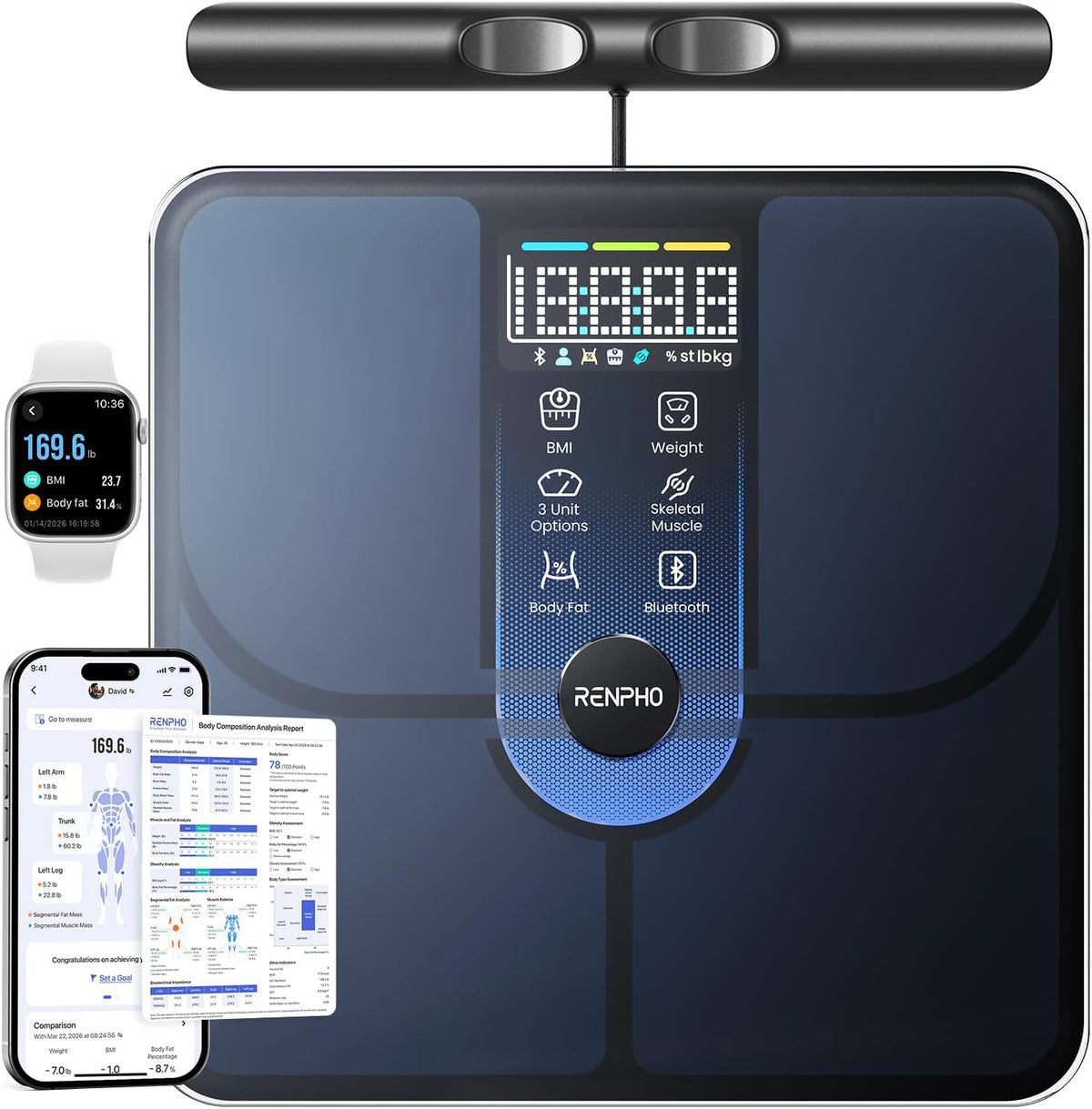 RENPHO MorphoScan Lite Body Composition Scale with Handle, Clear Display