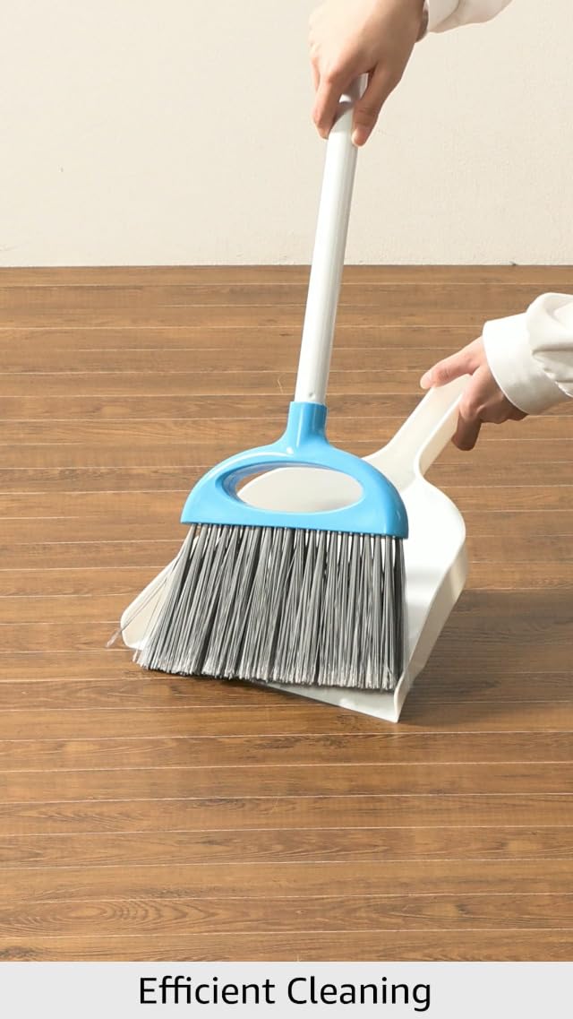 Amazon Basics Dustpan Broom Set with Adjustable Long Handle, Easy to Assemble, Blue and White