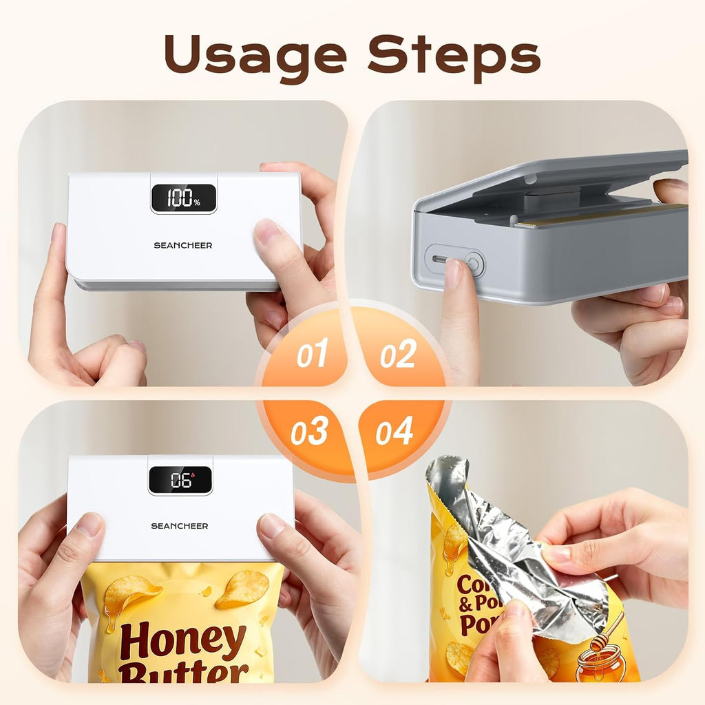 SEANCHEER Rechargeable Mini Bag Sealer, 6 Heat Levels with Magnet & Cutter