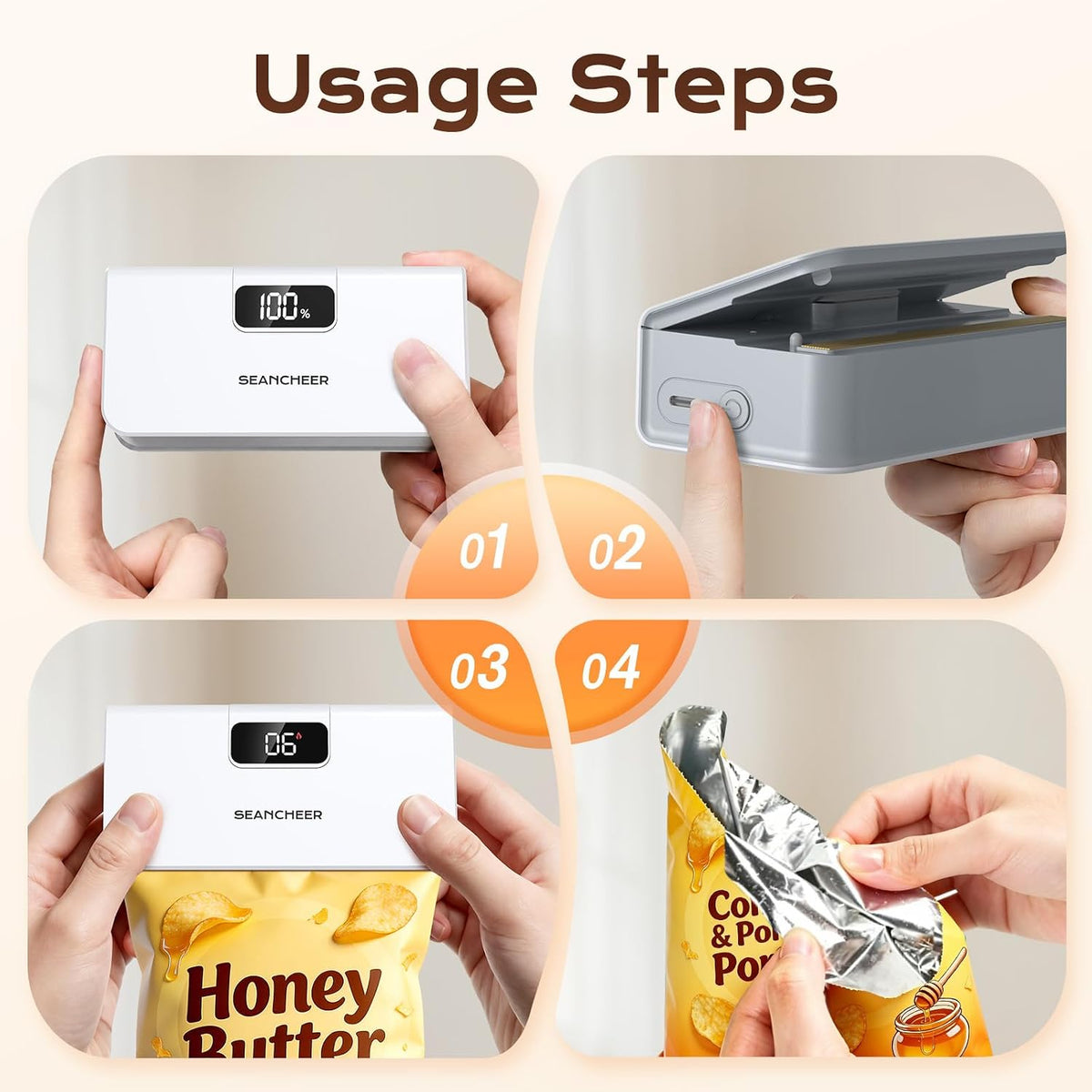 SEANCHEER Rechargeable Mini Bag Sealer, 6 Heat Levels with Magnet & Cutter