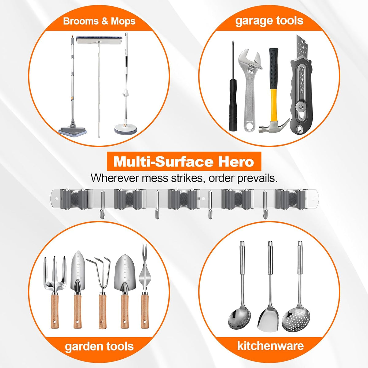 Broom Holder Wall Mount Mop Organizer, 5 Racks 4 Hooks