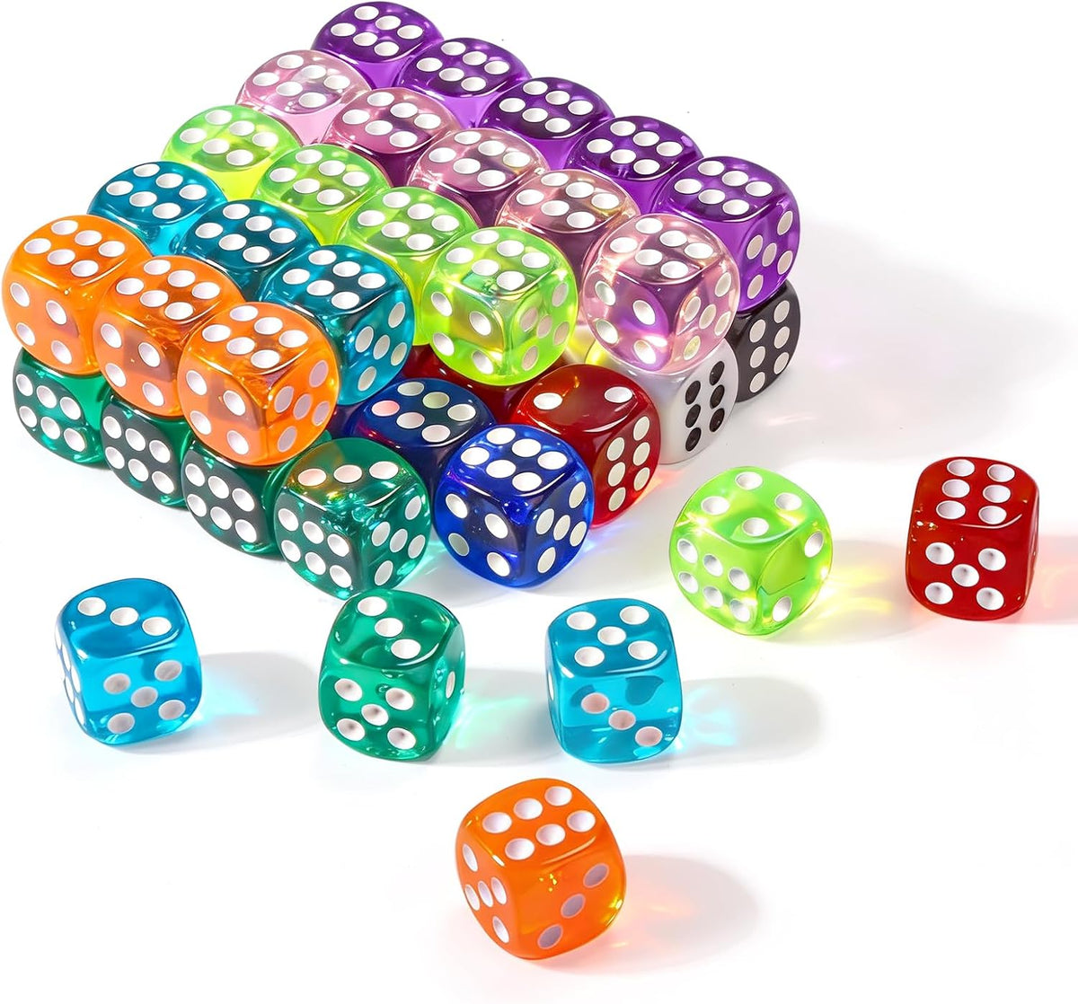 50 Pieces Dice Set, Translucent 6 Sided Colored Dices for Board Games, Math Learning, Classroom, Parties