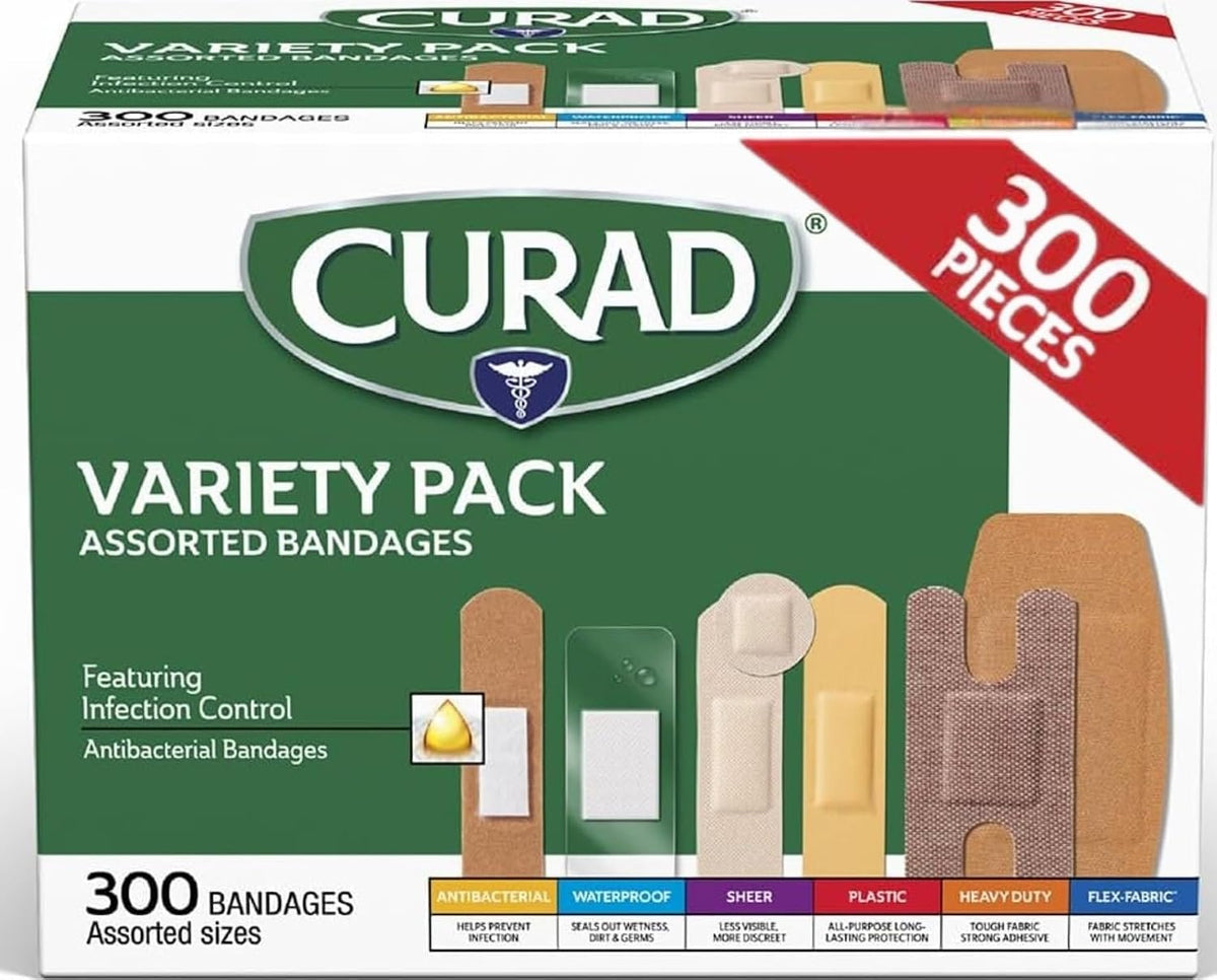 CURAD Assorted Bandages Variety Pack, 300 Count, 6 Styles Including Antibacterial, Waterproof, Sheer, Plastic, Heavy Duty & Flex-Fabric, Protects Scrapes, Cuts & Burns, Latex-Free